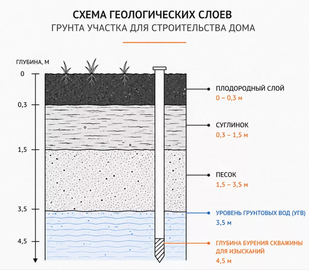 Схема геологических слоев грунта участка для строительства дома